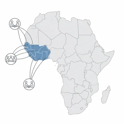 Map of Africa highlighting a connected group of West African countries to represent regional cooperation.