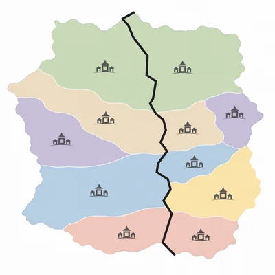 Diagram of a political border cutting through colored cultural regions and dividing communities.