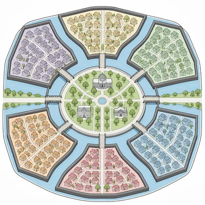 City diagram showing formerly separated neighborhoods connected by bridges and shared public spaces.