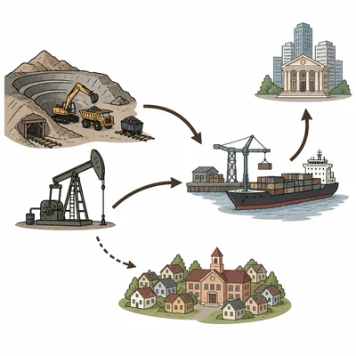 Flow diagram showing natural resources moving from extraction sites to export and finance, with limited connection to a nearby community.
