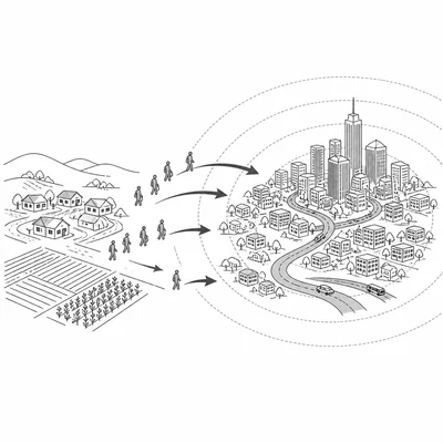 Diagram showing people moving from a rural village toward an expanding city.