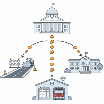 Diagram showing tax revenue funding roads, schools, and fire protection services.