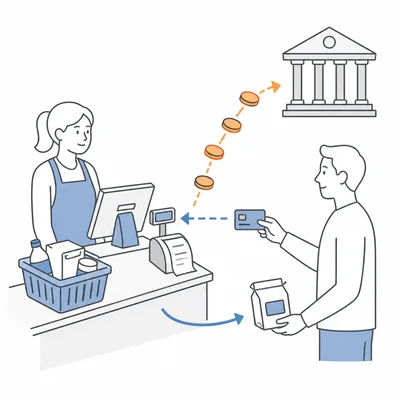 Checkout diagram showing sales tax collected during a purchase and sent to government.