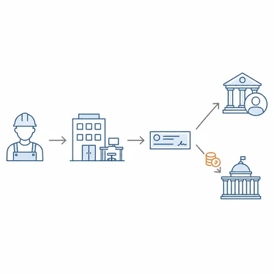 Process diagram showing part of a paycheck withheld and sent to government while the rest goes to the worker.