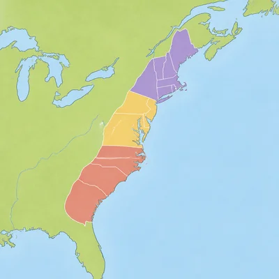 Unlabeled map showing the thirteen colonies divided into three regions.