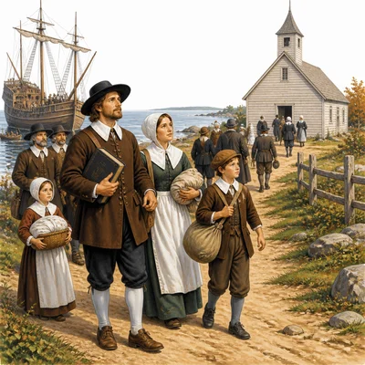 Colonists arriving near a church, suggesting religious migration.