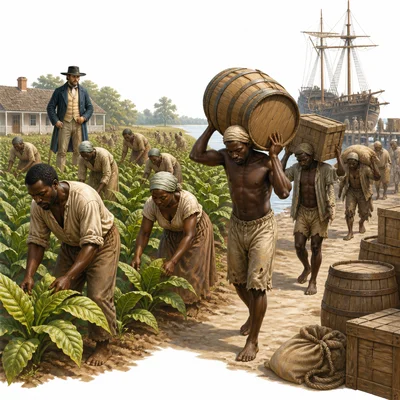Enslaved Africans forced to work in fields and at a colonial dock.