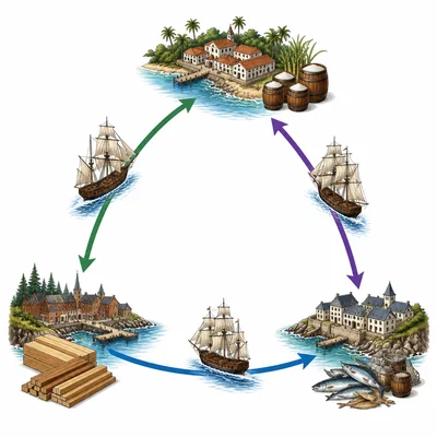 Ships carrying sugar, fish, and lumber along colonial trade routes.
