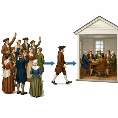 Colonists choosing a representative who joins a colonial assembly.
