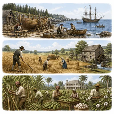 Three colonial region scenes showing geography connected to jobs.