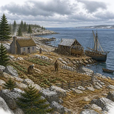 Rocky New England landscape with small farms, fishing boat, and workshop.