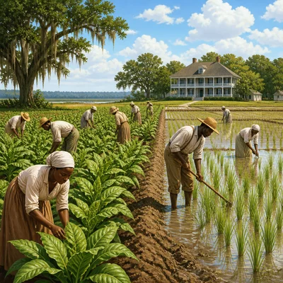 Southern plantation with cash crop fields and workers.