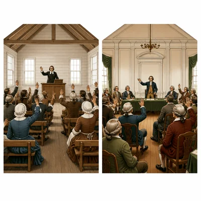 Colonial town meeting and colonial assembly shown side by side.