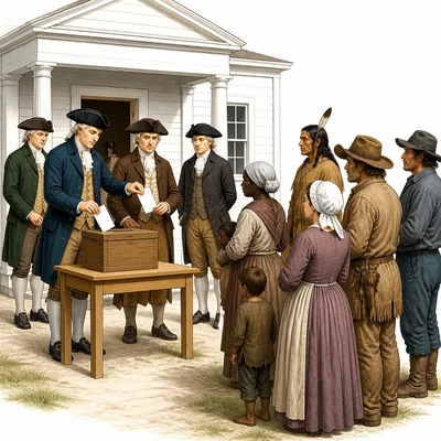 Colonial voting scene showing some people allowed to vote and others excluded.