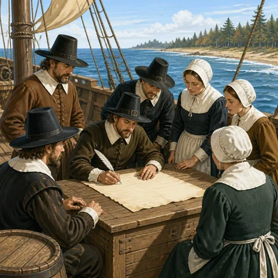 Pilgrims on a ship signing an unwritten compact document.