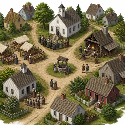 Colonial village with meetinghouse, market, schoolhouse, well, and homes.