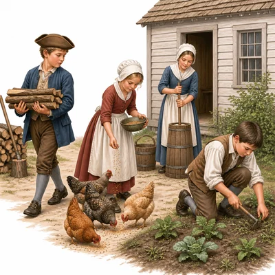 Colonial children doing household and farm chores.