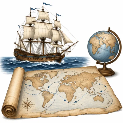 A sailing ship beside a globe and map, representing ocean exploration.