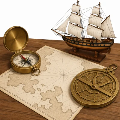 Historical navigation tools including a compass, astrolabe, sea chart, and ship model.