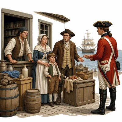 Colonists look upset as a British official collects coins near imported goods.