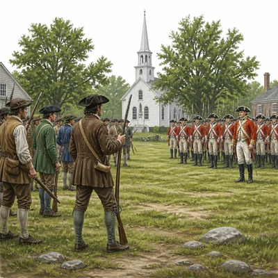 Colonial militia and British soldiers face each other on a village green.