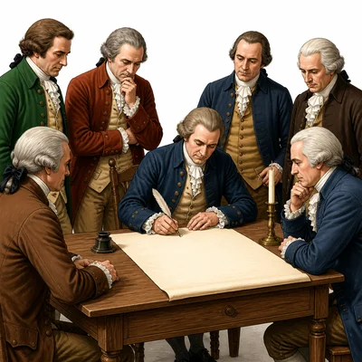 Delegates gather as one signs a blank parchment with a quill.