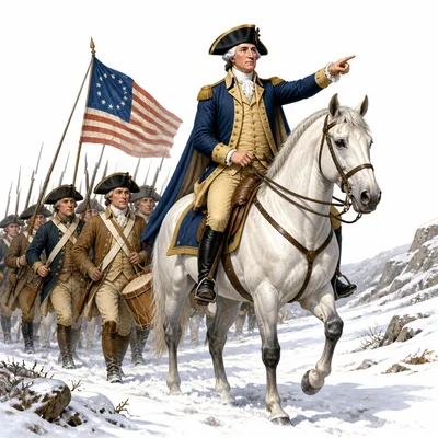 A Revolutionary War leader on horseback guides colonial soldiers.
