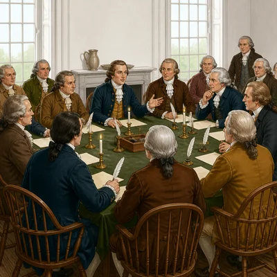 Colonial delegates meet around a table to discuss British laws.