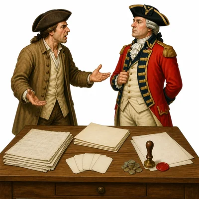 A colonist protests a tax on printed papers and cards.