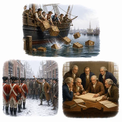 Three scenes show the tea dumping, a soldier-crowd conflict, and delegates with a parchment.