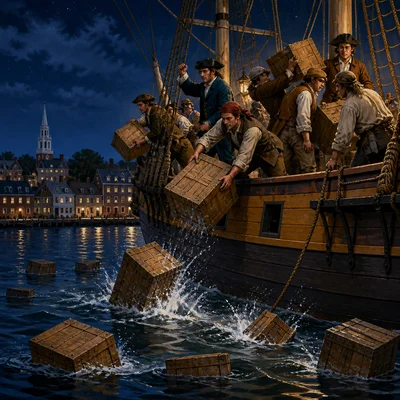 Colonists dump tea chests from a ship into Boston Harbor.