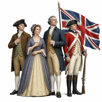 Colonial Loyalists stand beside a British soldier and flag.