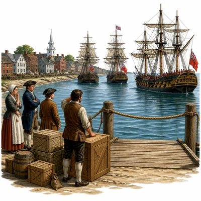 British ships block Boston Harbor while worried colonists stand near crates.