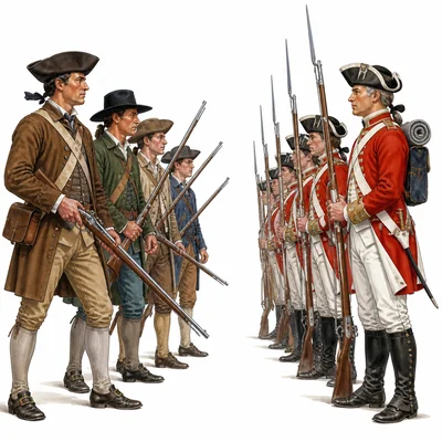 Colonial militia and British redcoat soldiers face each other in a Revolutionary War scene.