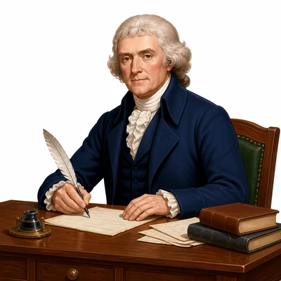 Thomas Jefferson writes with a quill at a desk.