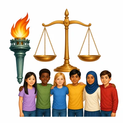 A scale, torch, and group of people symbolize fairness, liberty, and equality.