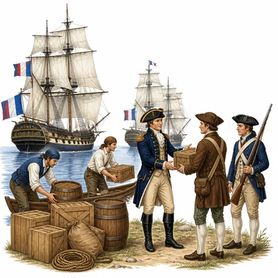 French ships, supplies, and an officer help the American colonies.