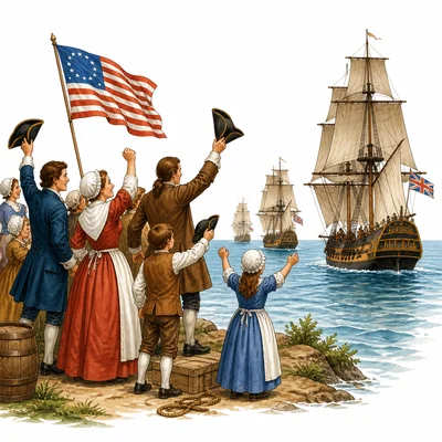 Colonists celebrate independence as British ships sail away.