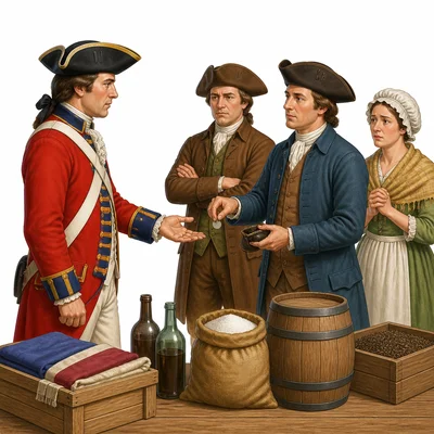 A British tax collector asks colonists for coins beside taxed goods.