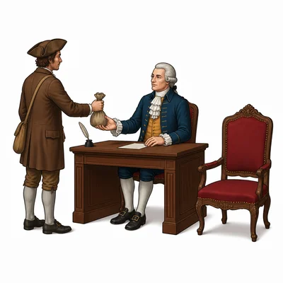 A colonist pays taxes to a distant official with an empty representative's chair nearby.