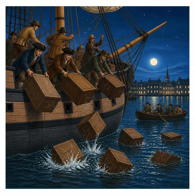 Colonists dump tea chests from a ship into Boston Harbor at night.