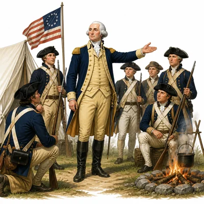 George Washington leads Continental Army soldiers in a military camp.