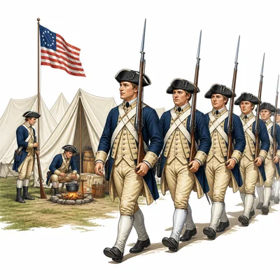 Continental Army soldiers march near a Revolutionary War camp.