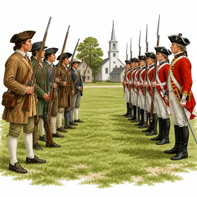 Colonial militia and British soldiers face each other on a village green.