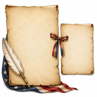 Blank parchment documents with a quill, showing an added document attached to a larger one.