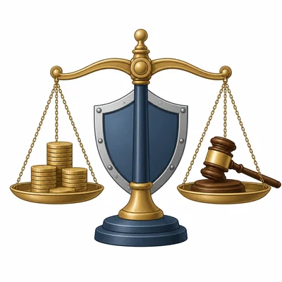 A justice scale with coins, a gavel, and a protective shield.