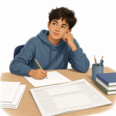 A student writes an article at a desk with blank newspaper pages nearby.