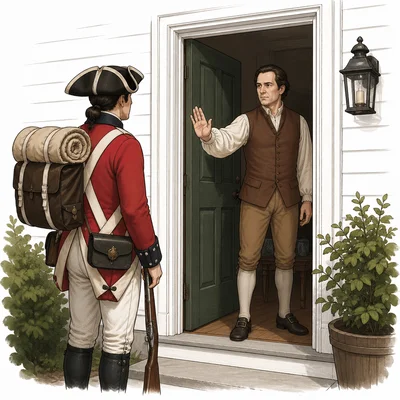 A homeowner prevents a soldier from entering a private home.