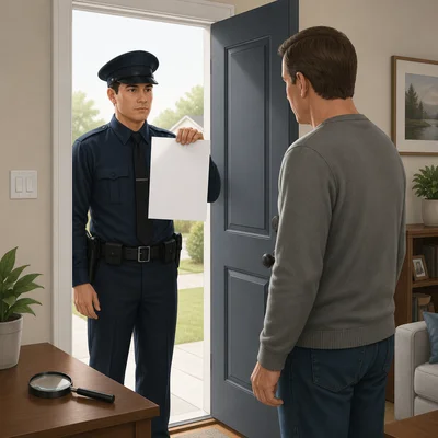 A police officer shows a blank warrant at a homeowner's doorway.