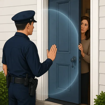 A police officer without a warrant stands outside a mostly closed home door.